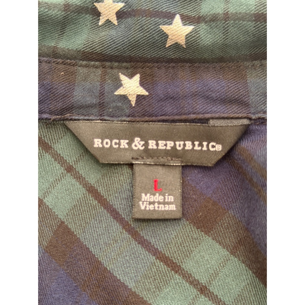 Rock & Republic Green Navy Blue Plaid Star Print Button Down Shirt Large - Picture 6 of 7